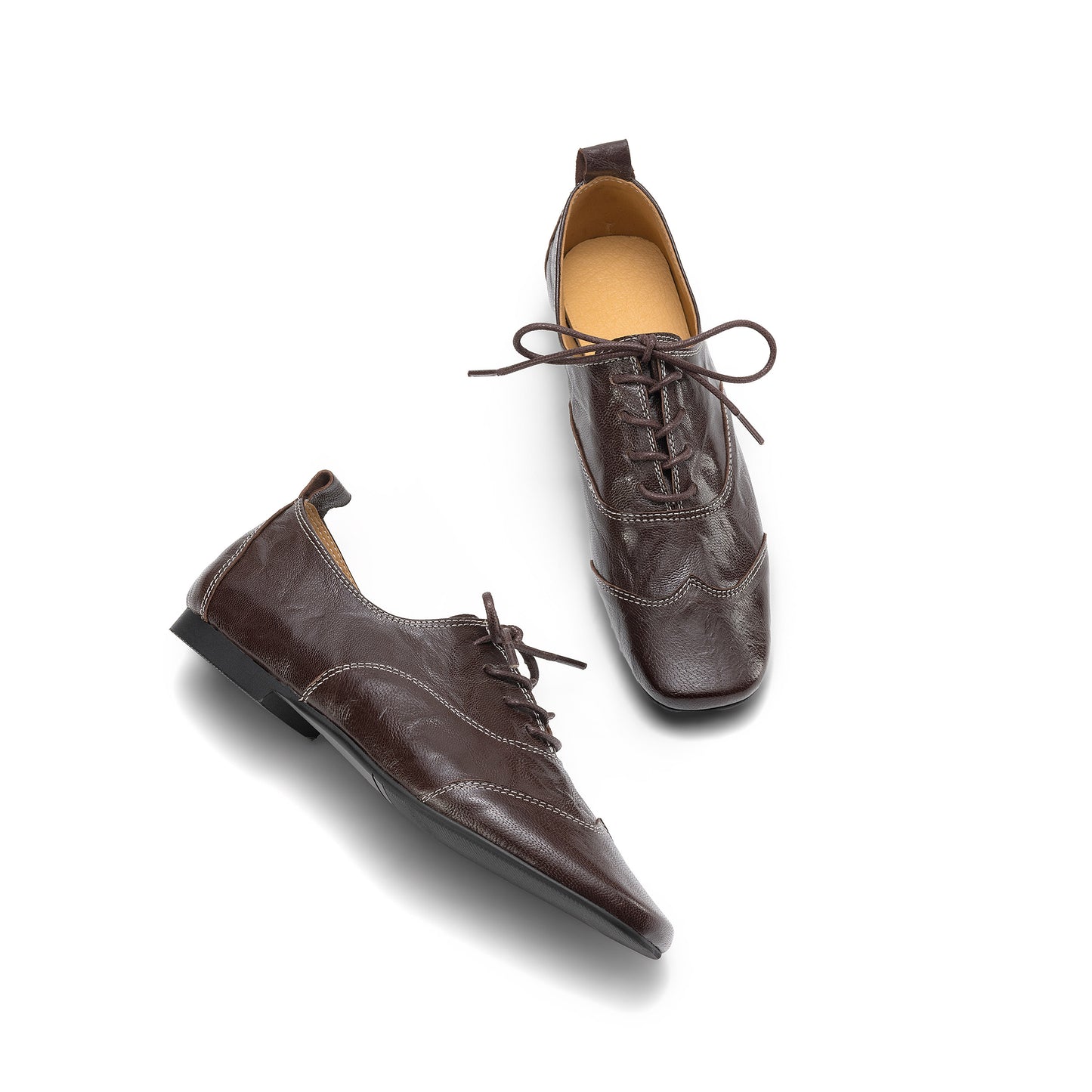 TinaCus Women's Baroque Oxfords Handmade Genuine Leather Retro Square Toe Lace-up Flats