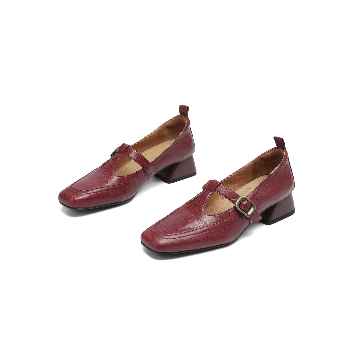 TinaCus Handmade Women's Genuine Leather Square Toe Slip On T-Strap Buckle Low Heel Office Loafer Shoes