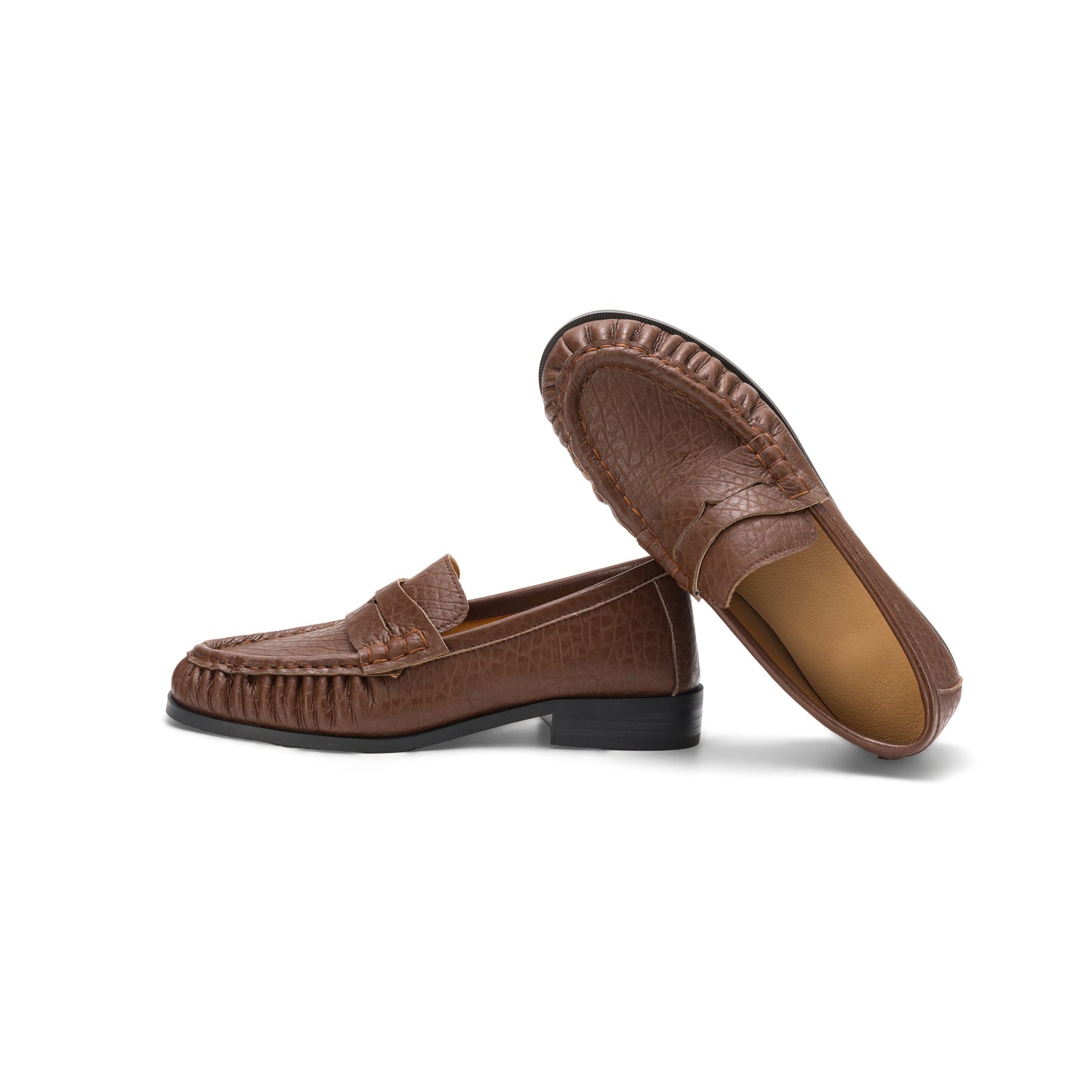 TinaCus Handmade Women's Penny Loafers Round Toe Genuine Leather Ruched Slip-on Shoes Comfortable Office Business