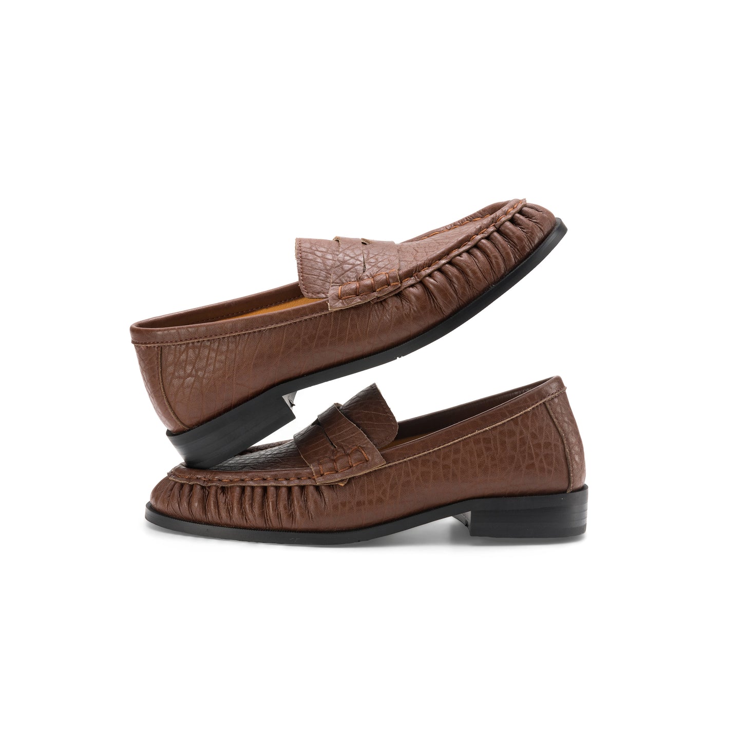 TinaCus Handmade Women's Penny Loafers Round Toe Genuine Leather Ruched Slip-on Shoes Comfortable Office Business