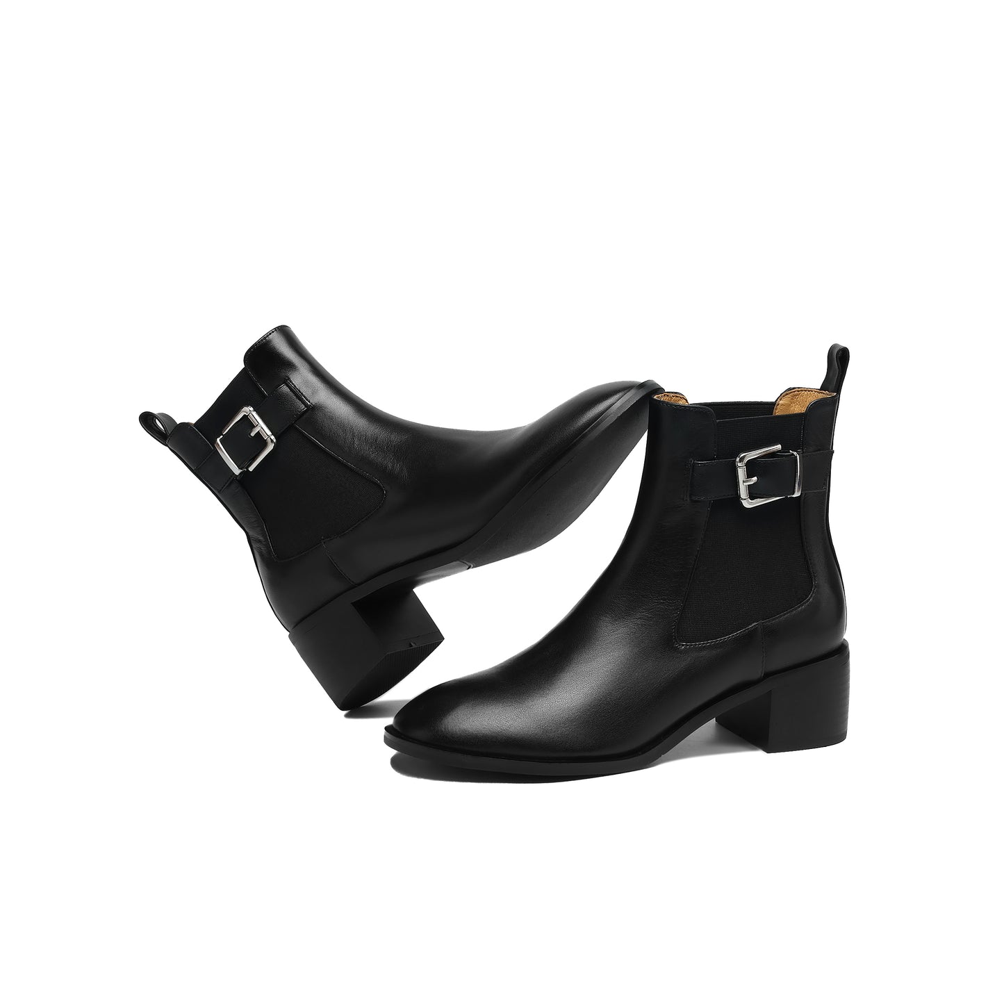 TinaCus Women's Genuine Leather Handmade Elastic Panel Ankle Buckle Round Toe Stacked Low Heel Short Booties