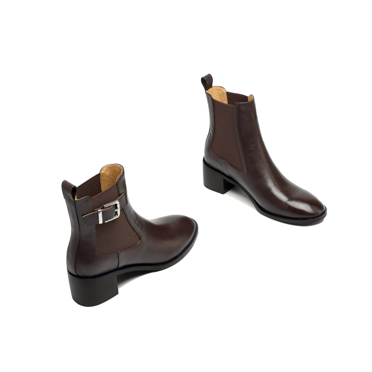 TinaCus Women's Genuine Leather Handmade Elastic Panel Ankle Buckle Round Toe Stacked Low Heel Short Booties