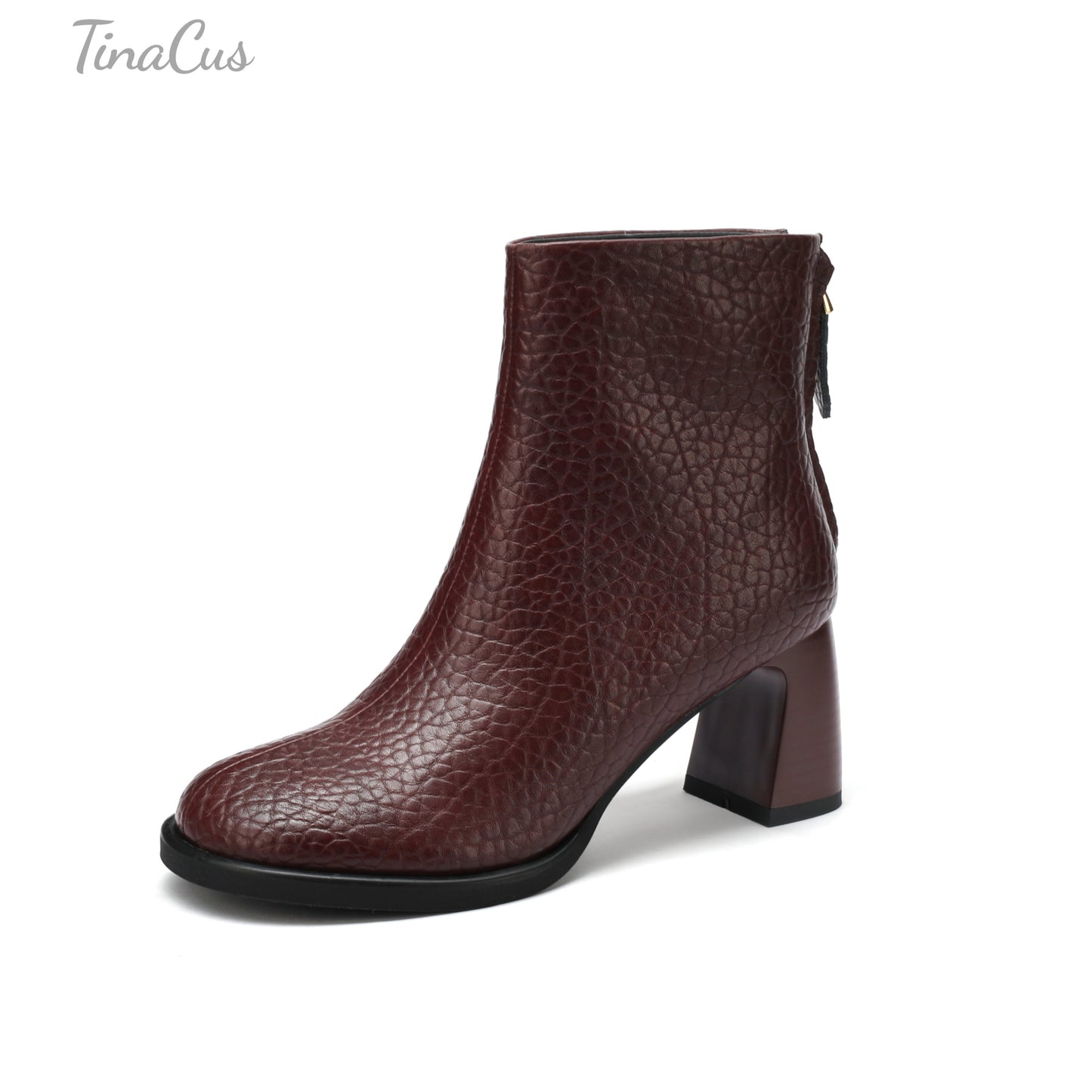 TinaCus Women's Round Toe Zip up Ankle Boots Genuine Leather Handmade Chunky Heels Booties