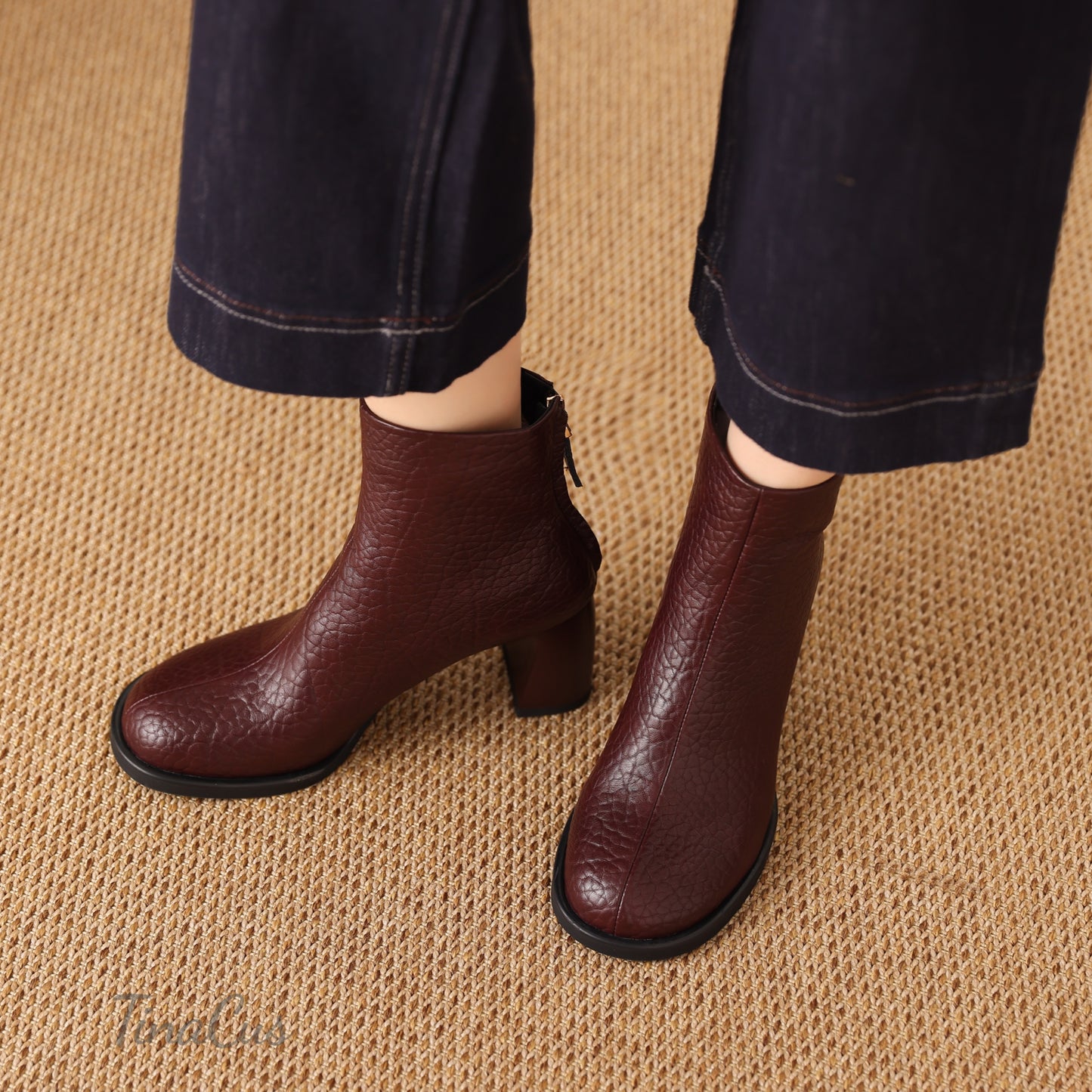 TinaCus Women's Round Toe Zip up Ankle Boots Genuine Leather Handmade Chunky Heels Booties