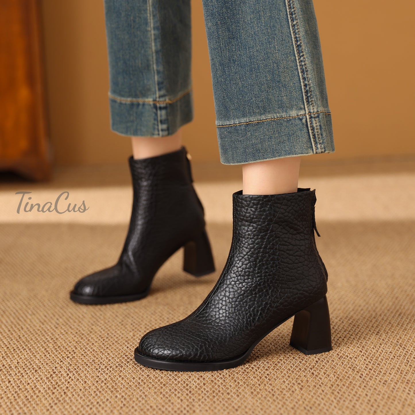 TinaCus Women's Round Toe Zip up Ankle Boots Genuine Leather Handmade Chunky Heels Booties