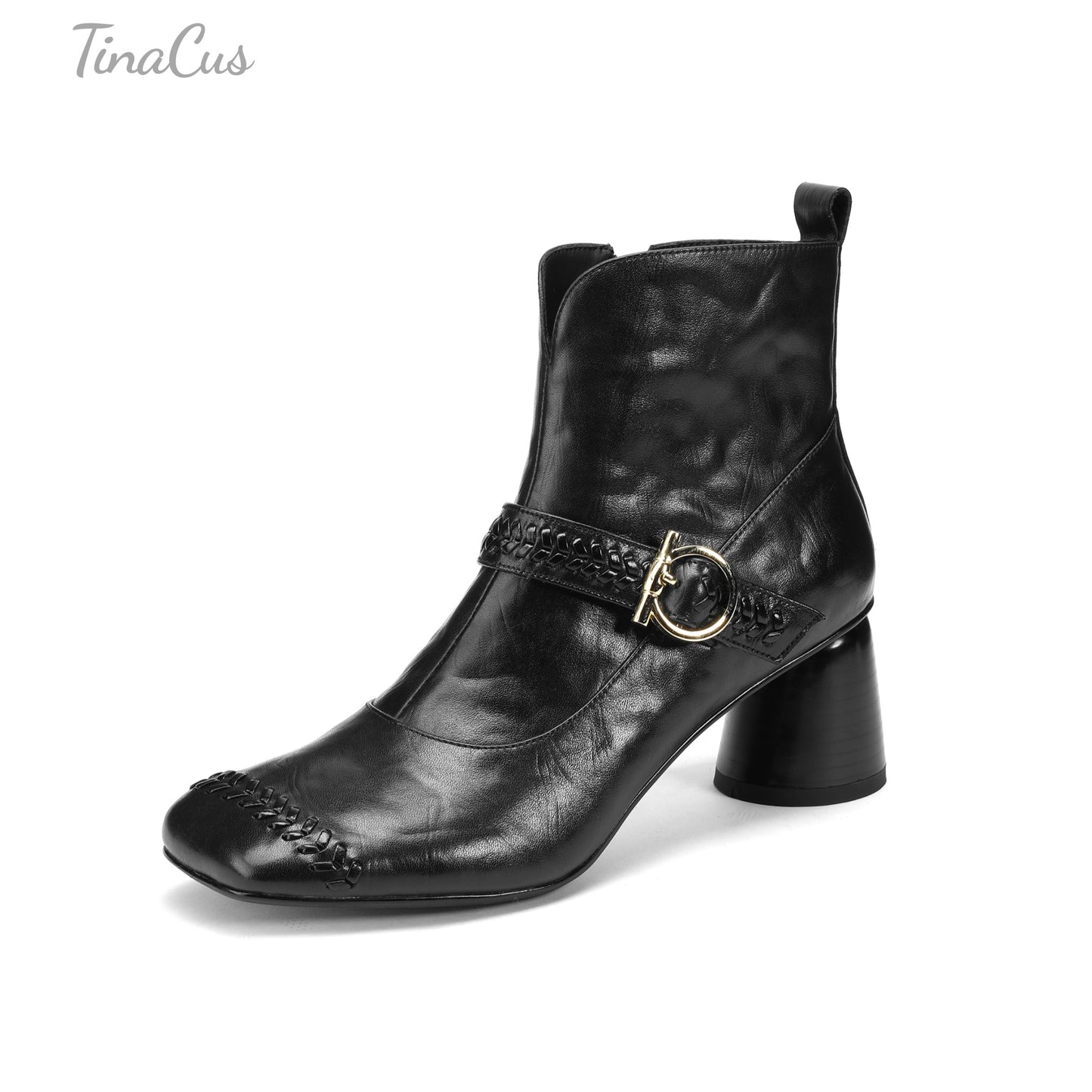 TinaCus Genuine Leather Women's Square Toe Booties Handmade Strap Buckle Cone Heels Zip up Short Boots