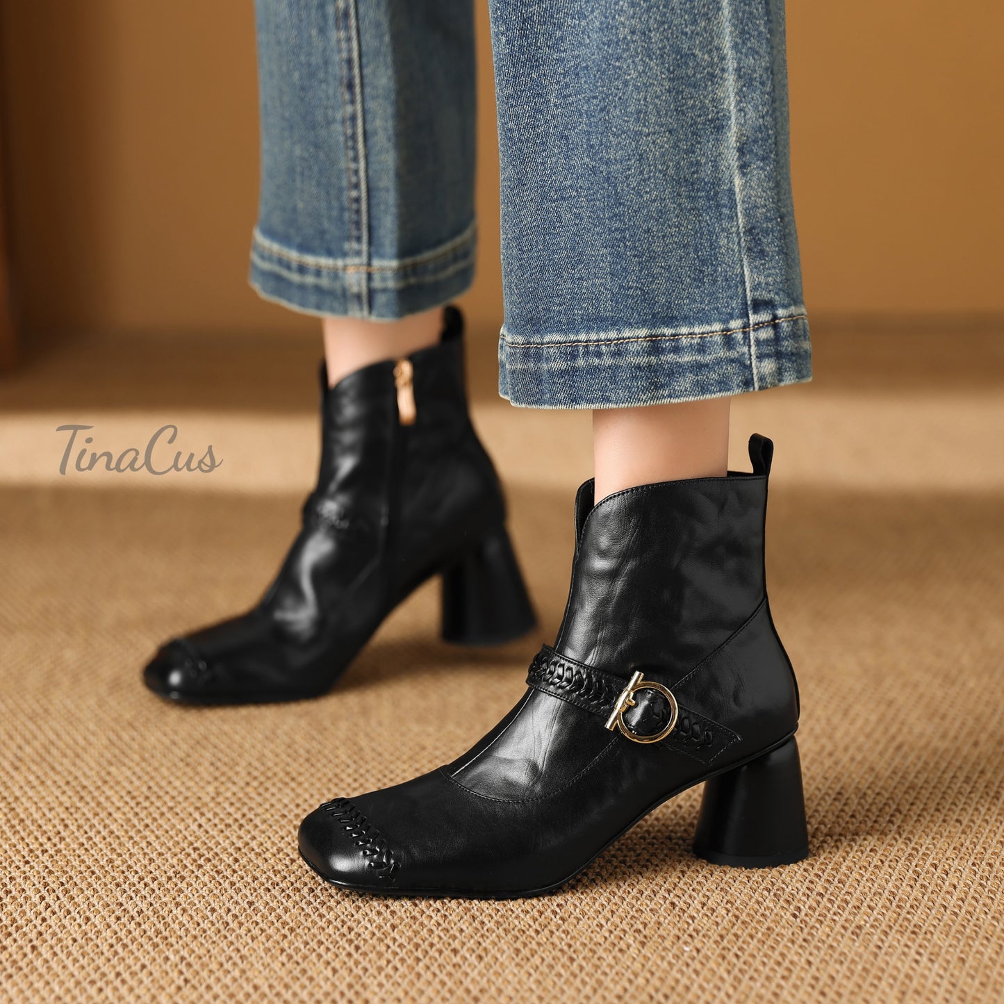 TinaCus Genuine Leather Women's Square Toe Booties Handmade Strap Buckle Cone Heels Zip up Short Boots