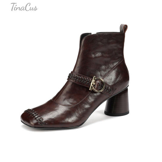 TinaCus Genuine Leather Women's Square Toe Booties Handmade Strap Buckle Cone Heels Zip up Short Boots