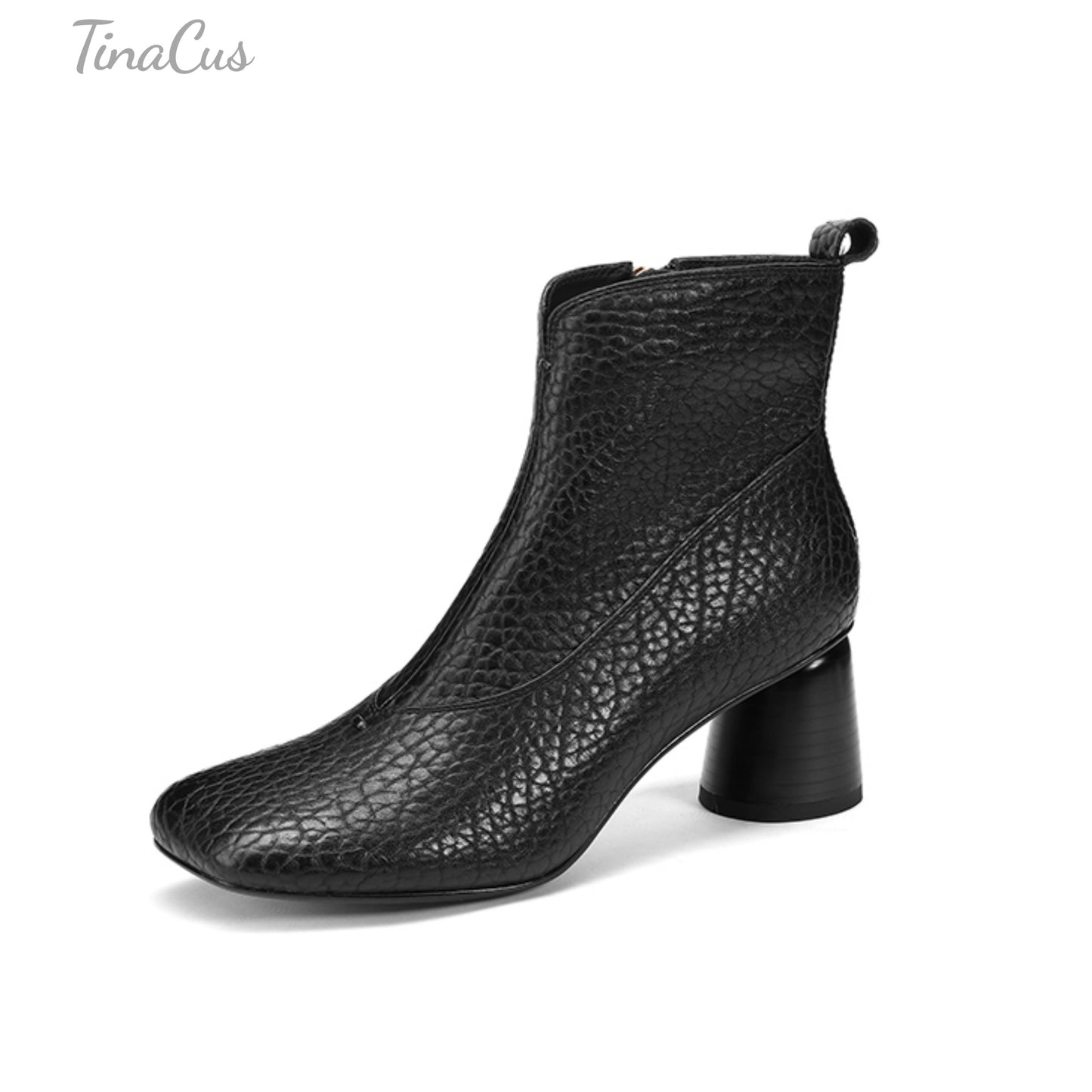 TinaCus Handmade Side Zipper Ankle Boots Women's Square Toe Genuine Leather Mid Cone Heels Booties