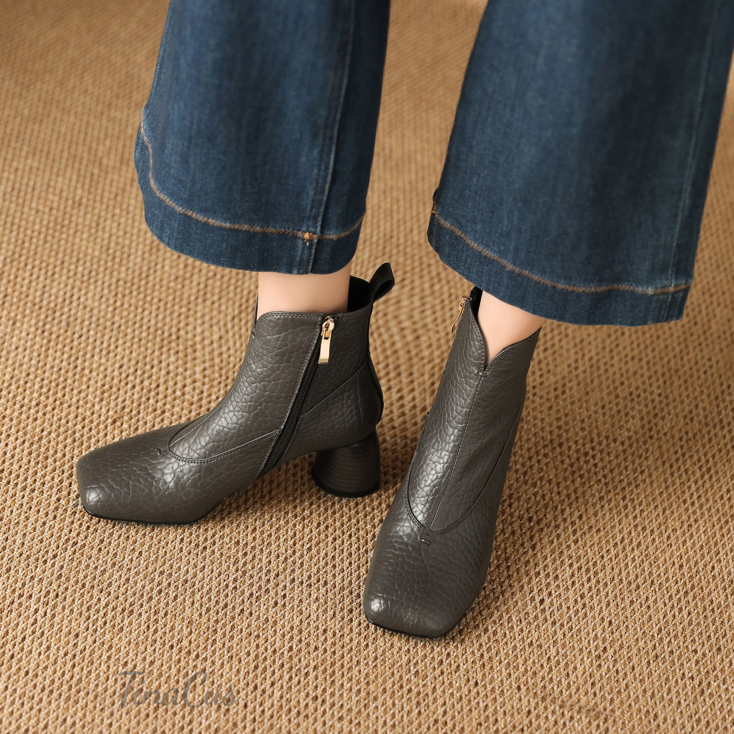 TinaCus Handmade Side Zipper Ankle Boots Women's Square Toe Genuine Leather Mid Cone Heels Booties