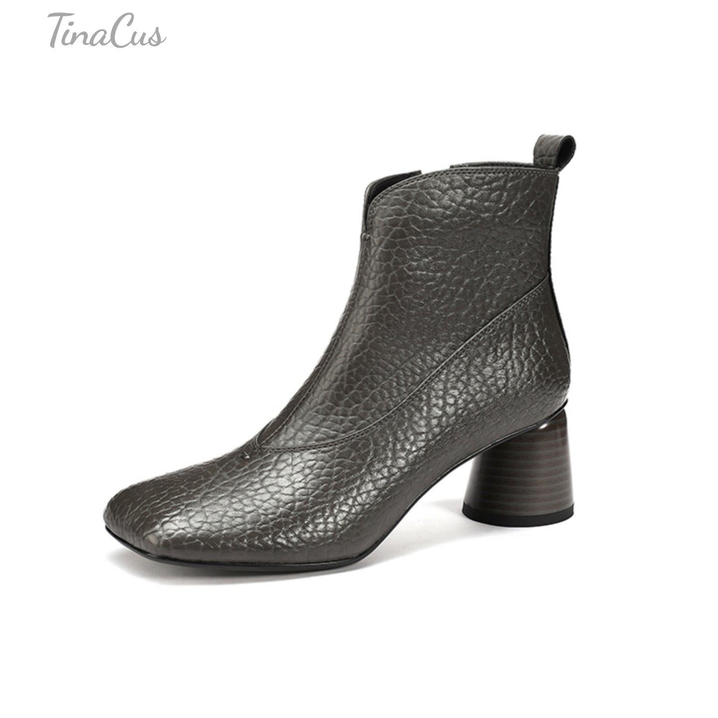 TinaCus Handmade Side Zipper Ankle Boots Women's Square Toe Genuine Leather Mid Cone Heels Booties