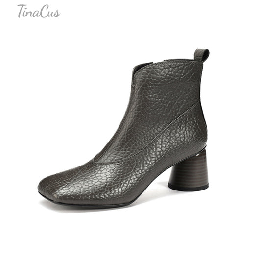 TinaCus Handmade Side Zipper Ankle Boots Women's Square Toe Genuine Leather Mid Cone Heels Booties