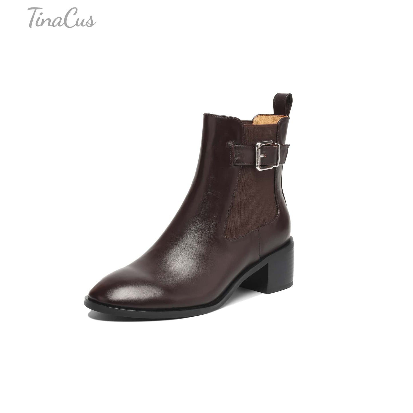 TinaCus Women's Genuine Leather Handmade Elastic Panel Ankle Buckle Round Toe Stacked Low Heel Short Booties