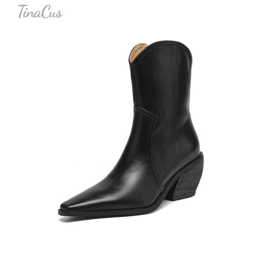 TinaCus Women's Genuine Leather Handmade Wedge Heel Side Zip Up Cowgirl Western Boots
