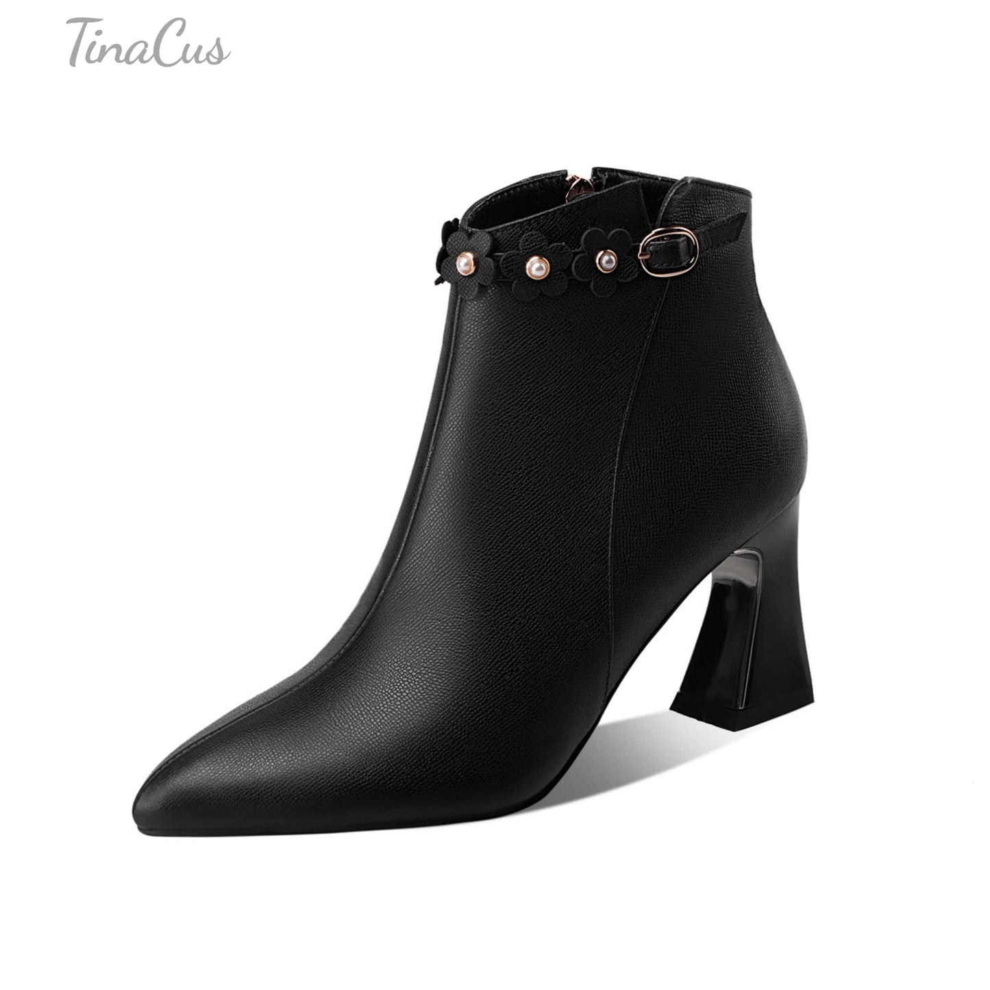 TinaCus Women's Handmade Genuine Leather Mid Spool Heel Side Zip Up Trendy Ankle Booties with Floral Buckle Decor