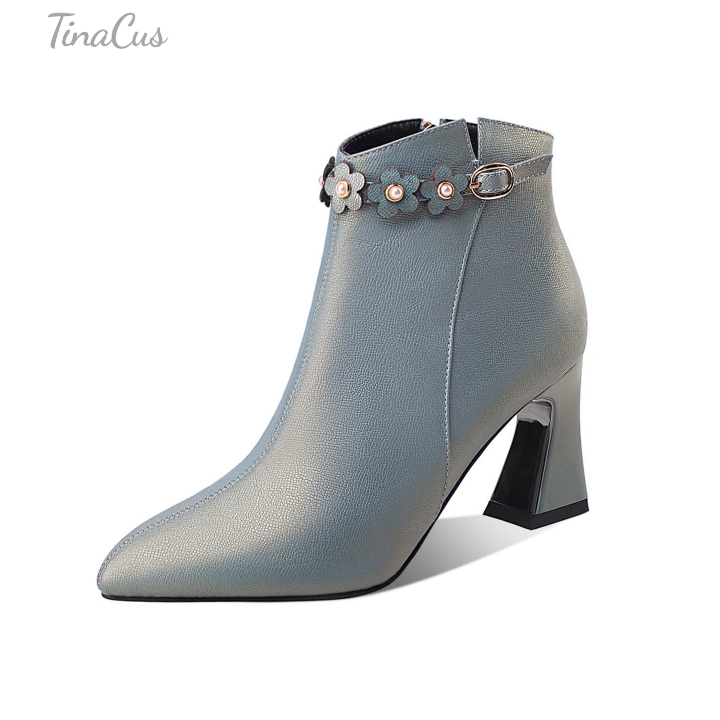 TinaCus Women's Handmade Genuine Leather Mid Spool Heel Side Zip Up Trendy Ankle Booties with Floral Buckle Decor
