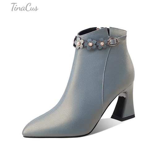TinaCus Women's Handmade Genuine Leather Mid Spool Heel Side Zip Up Trendy Ankle Booties with Floral Buckle Decor