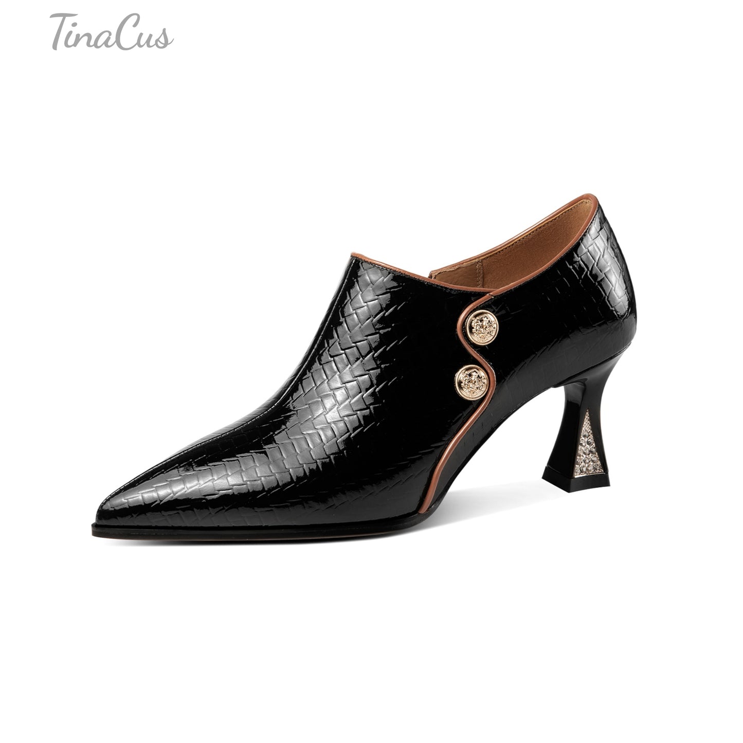 TinaCus Pointed Toe Patent Leather Handmade Side Zipper Mid Chunky Heels Women's Stylish Pumps Shoes with Buttons Decor