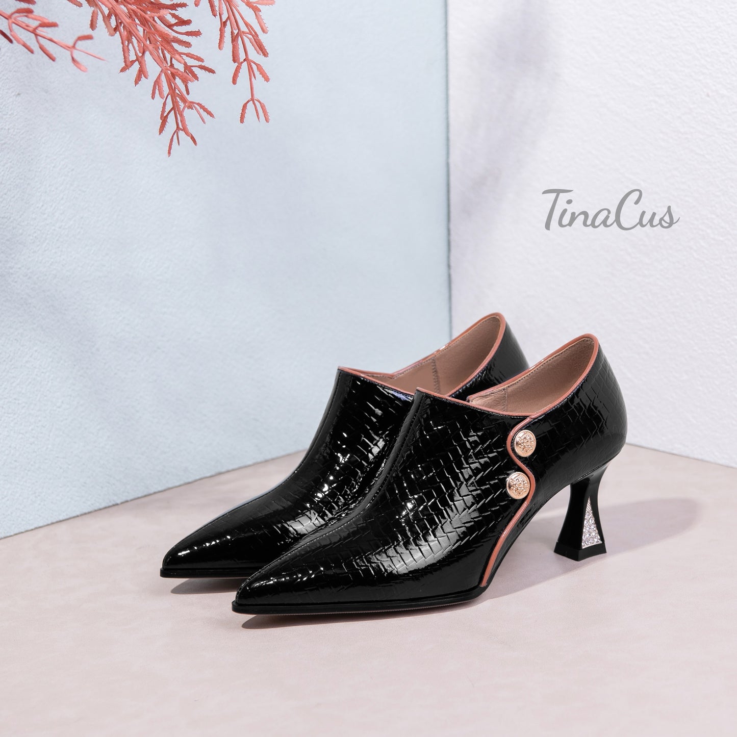 TinaCus Pointed Toe Patent Leather Handmade Side Zipper Mid Chunky Heels Women's Stylish Pumps Shoes with Buttons Decor