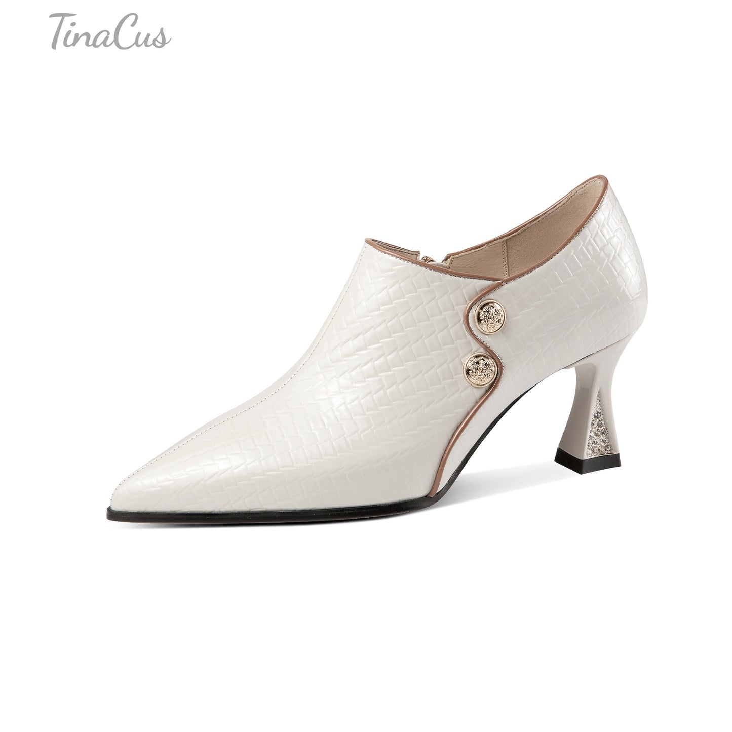 TinaCus Pointed Toe Patent Leather Handmade Side Zipper Mid Chunky Heels Women's Stylish Pumps Shoes with Buttons Decor