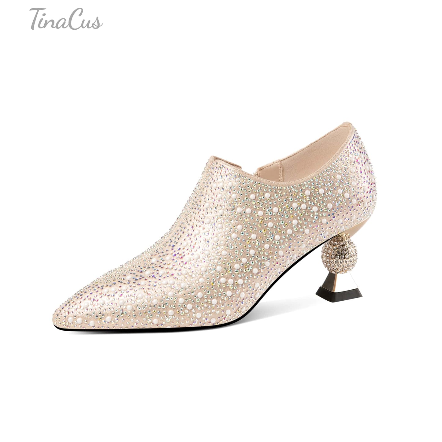 TinaCus Handmade Glittering Leather Pointed Toe Side Zipper Rhinestone Mid Spool Heel Shoes