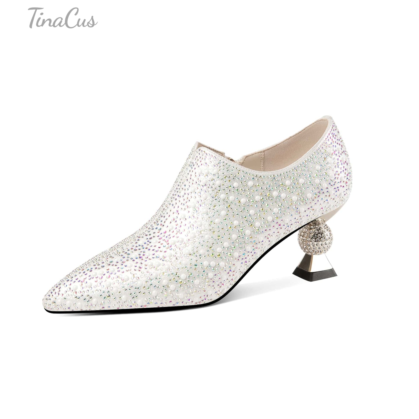 TinaCus Handmade Glittering Leather Pointed Toe Side Zipper Rhinestone Mid Spool Heel Shoes