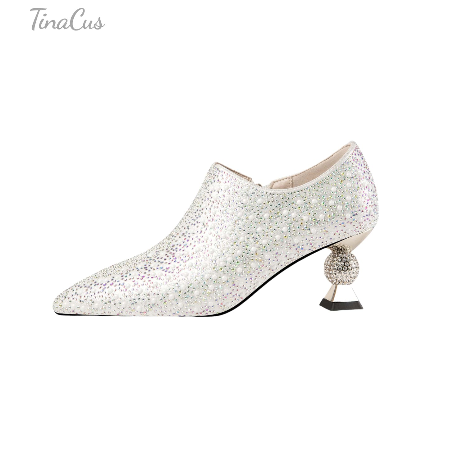 TinaCus Handmade Glittering Leather Pointed Toe Side Zipper Rhinestone Mid Spool Heel Shoes