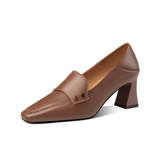 TinaCus Handmade Women's Genuine Leather Little Square Toe Slip On Spool Heel Pumps Shoes