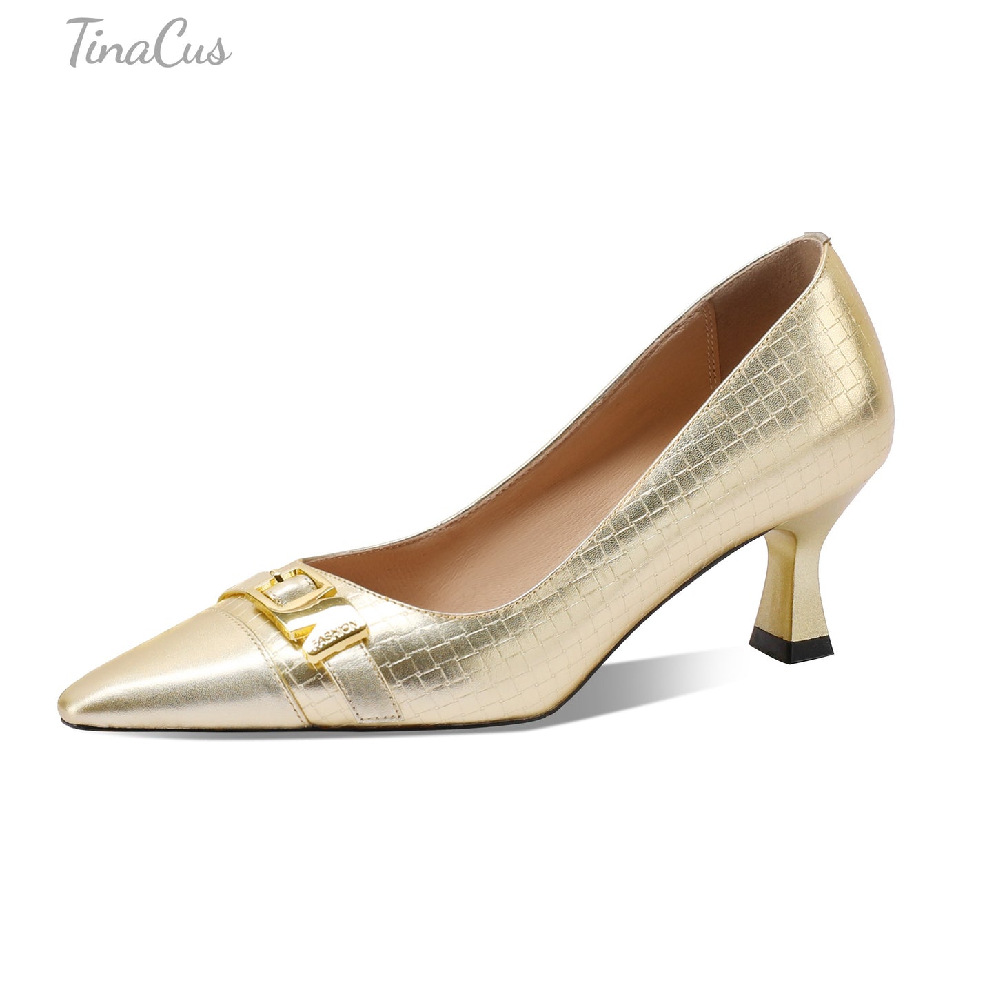 TinaCus Genuine Leather Handmade Buckle Women's Pointed Toe Mid Heels Trendy Pumps Shoes