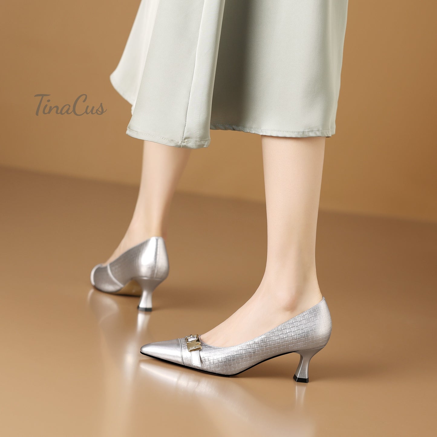 TinaCus Genuine Leather Handmade Buckle Women's Pointed Toe Mid Heels Trendy Pumps Shoes