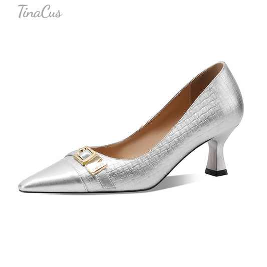 TinaCus Genuine Leather Handmade Buckle Women's Pointed Toe Mid Heels Trendy Pumps Shoes