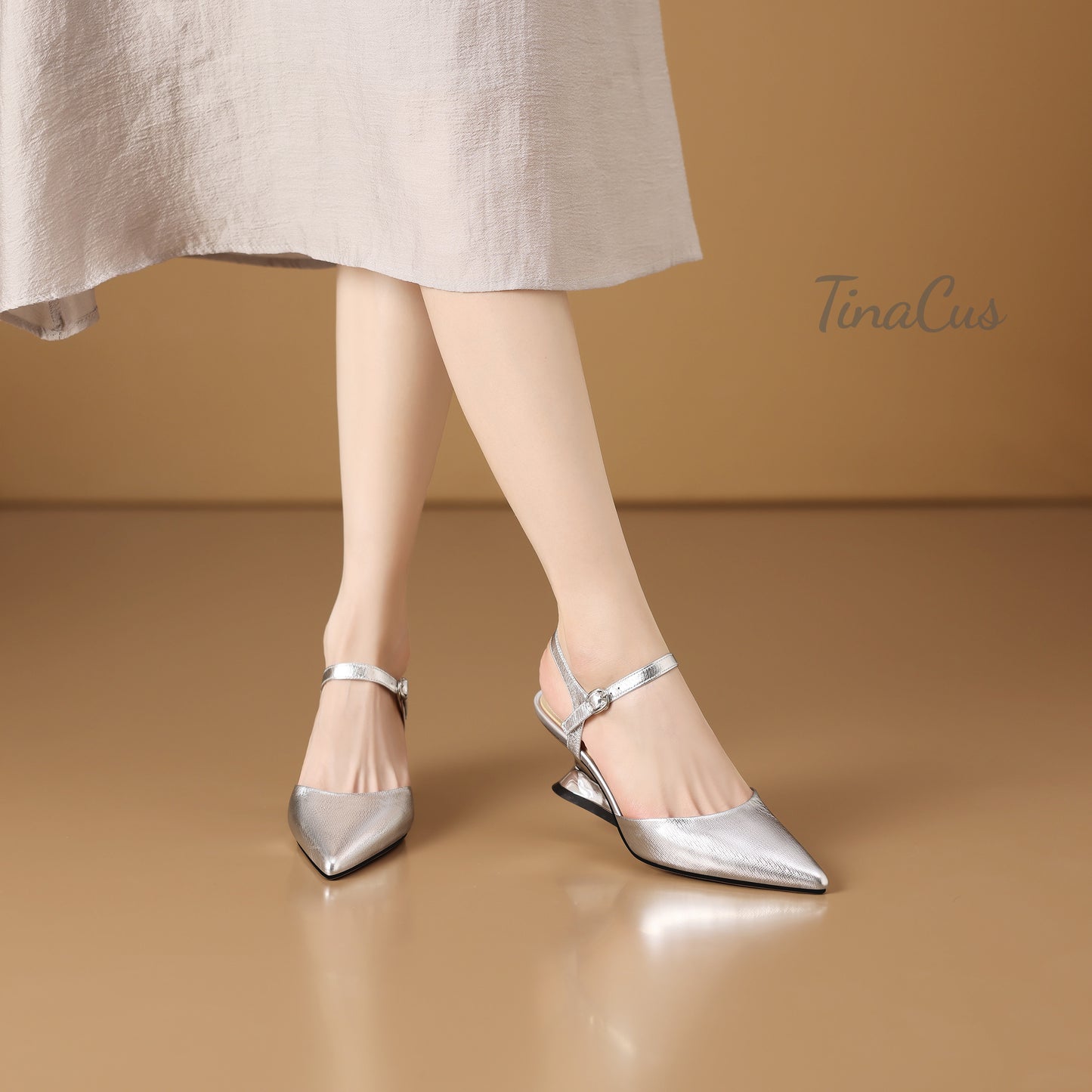 TinaCus Closed Pointed Toe Genuine Leather Handmade Strap Buckle Unique Mid Heels Women's Sandals