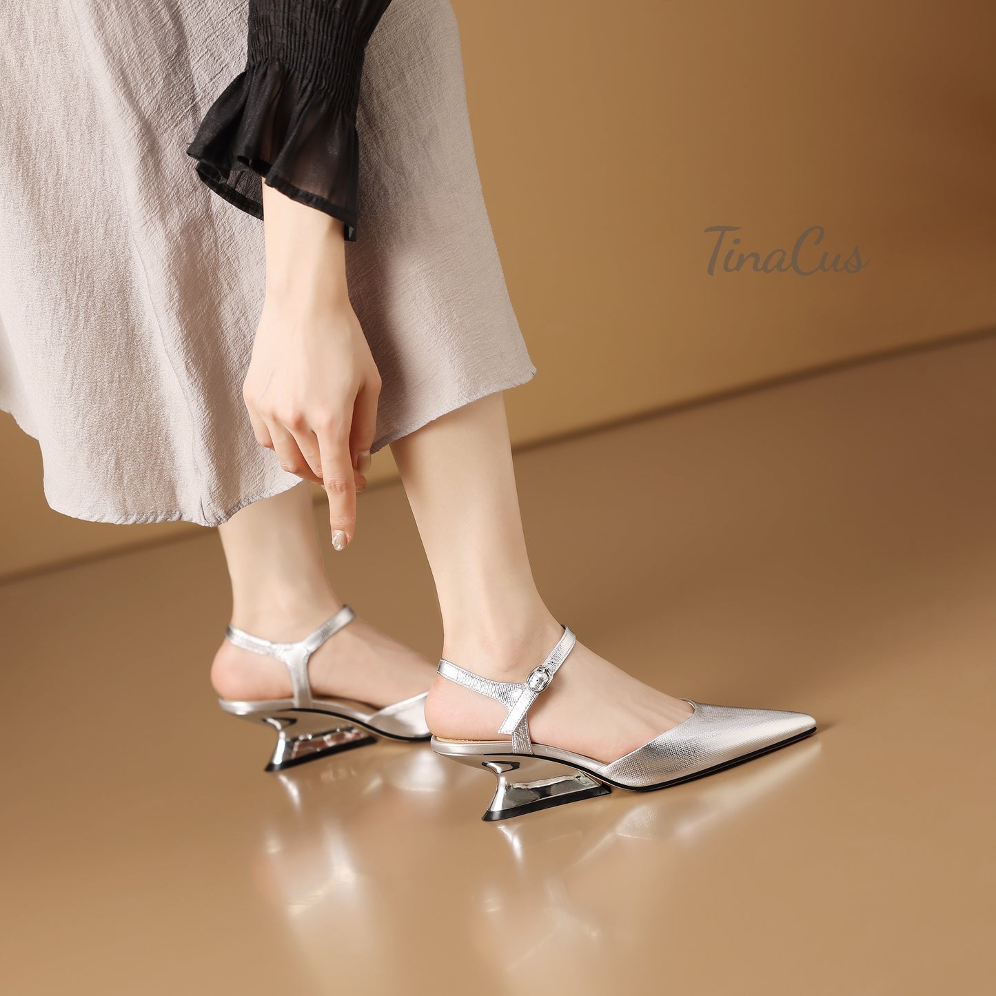 TinaCus Closed Pointed Toe Genuine Leather Handmade Strap Buckle Unique Mid Heels Women's Sandals