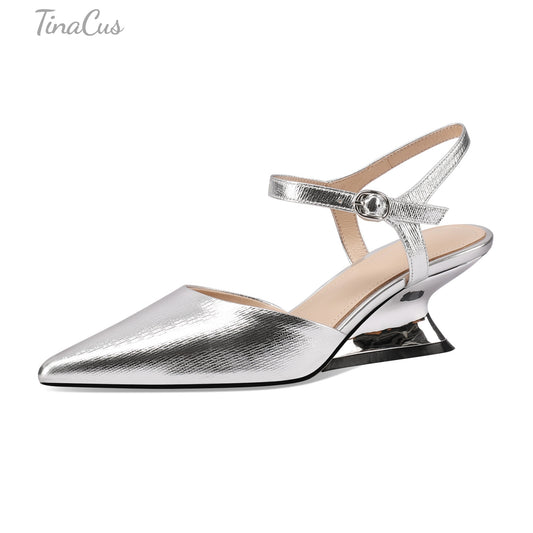 TinaCus Closed Pointed Toe Genuine Leather Handmade Strap Buckle Unique Mid Heels Women's Sandals
