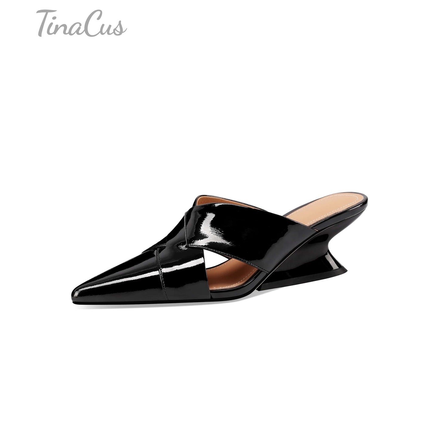 TinaCus Women's Pointed Toe Glossy Patent Leather Handmade Mid Heels Chic Sandal Slippers