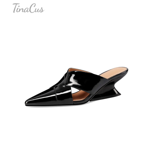 TinaCus Women's Pointed Toe Glossy Patent Leather Handmade Mid Heels Chic Sandal Slippers