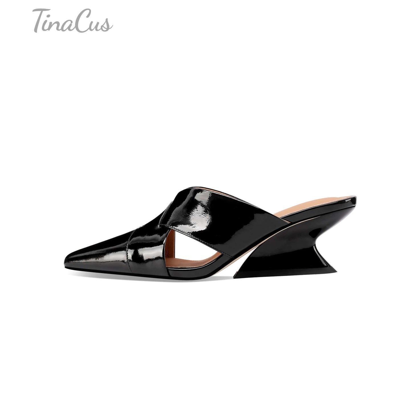 TinaCus Women's Pointed Toe Glossy Patent Leather Handmade Mid Heels Chic Sandal Slippers