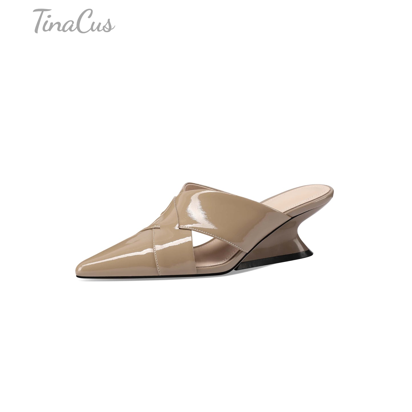 TinaCus Women's Pointed Toe Glossy Patent Leather Handmade Mid Heels Chic Sandal Slippers