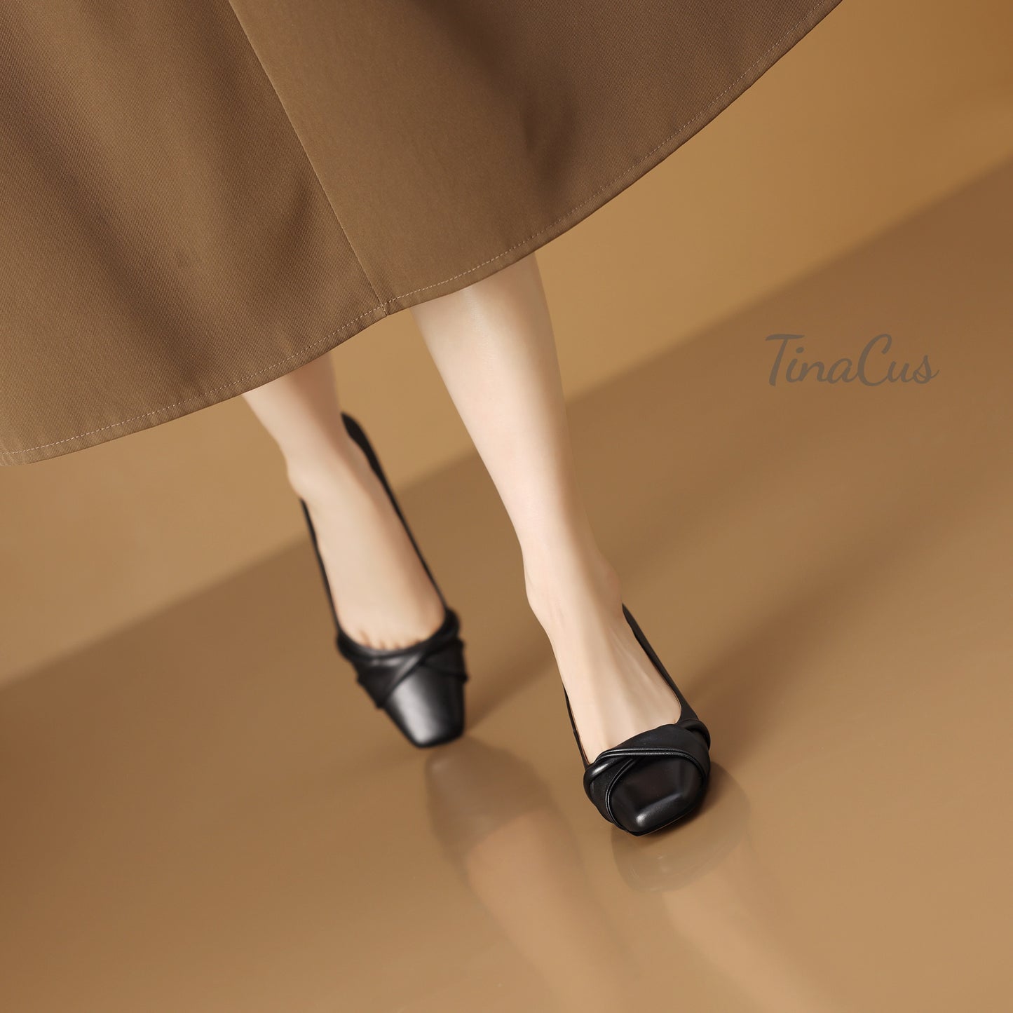 TinaCus Women's Square Toe Genuine Leather Mid Block Heels Handmade Slip On Pumps Shoes