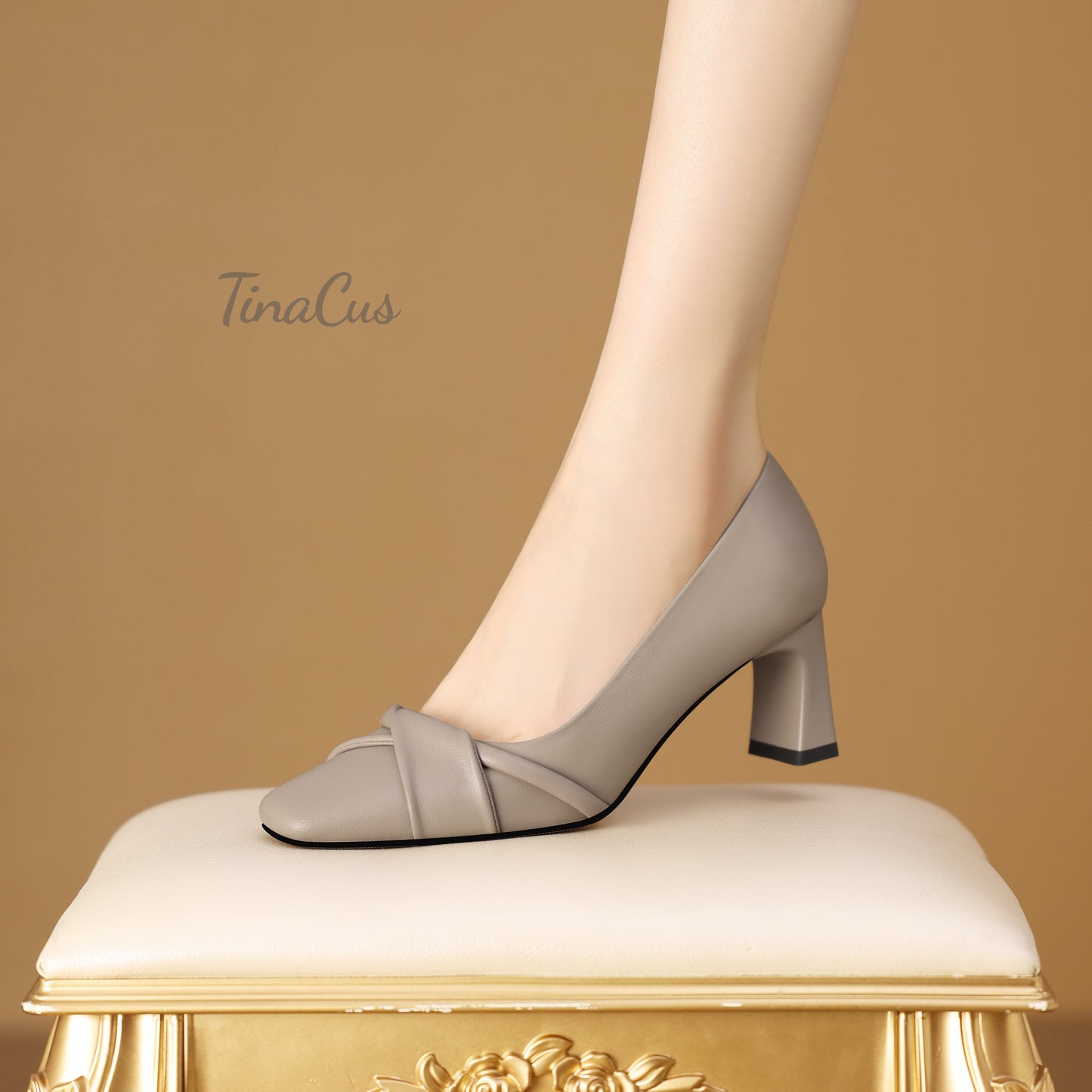 TinaCus Women's Square Toe Genuine Leather Mid Block Heels Handmade Slip On Pumps Shoes