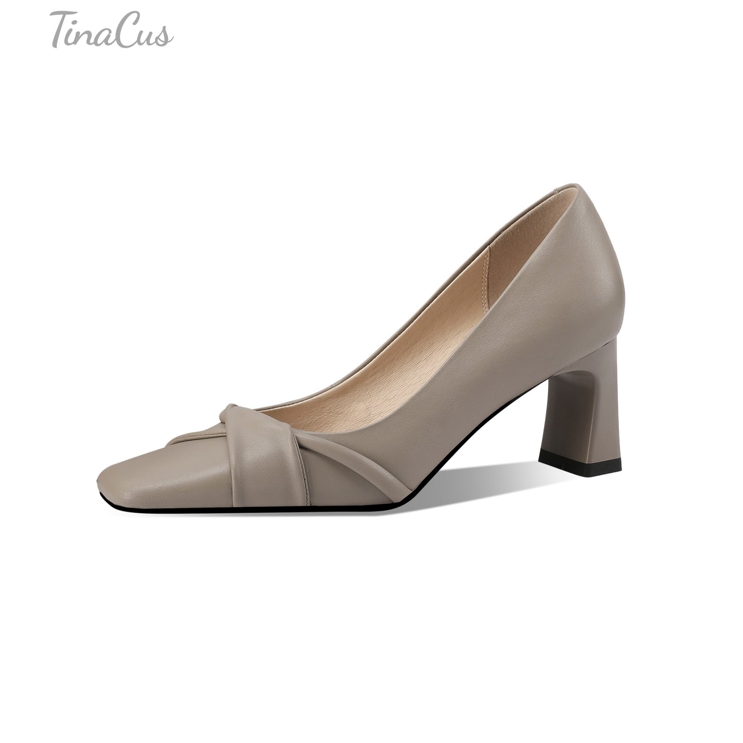 TinaCus Women's Square Toe Genuine Leather Mid Block Heels Handmade Slip On Pumps Shoes