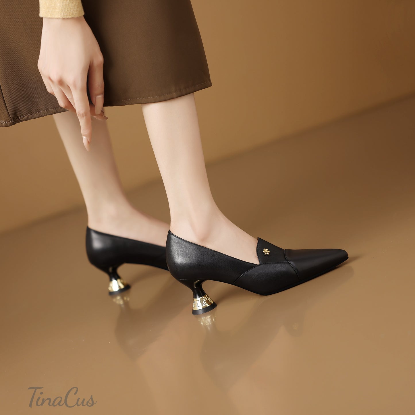 TinaCus Women's Pointed Toe Handmade Cone Heels Genuine Leather Slip On Pumps Shoes