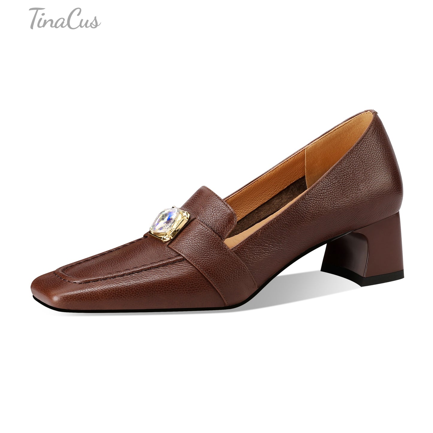 TinaCus Genuine Leather Women's Square Toe Handmade Low Chunky Heels Slip On Retro Loafers Shoes
