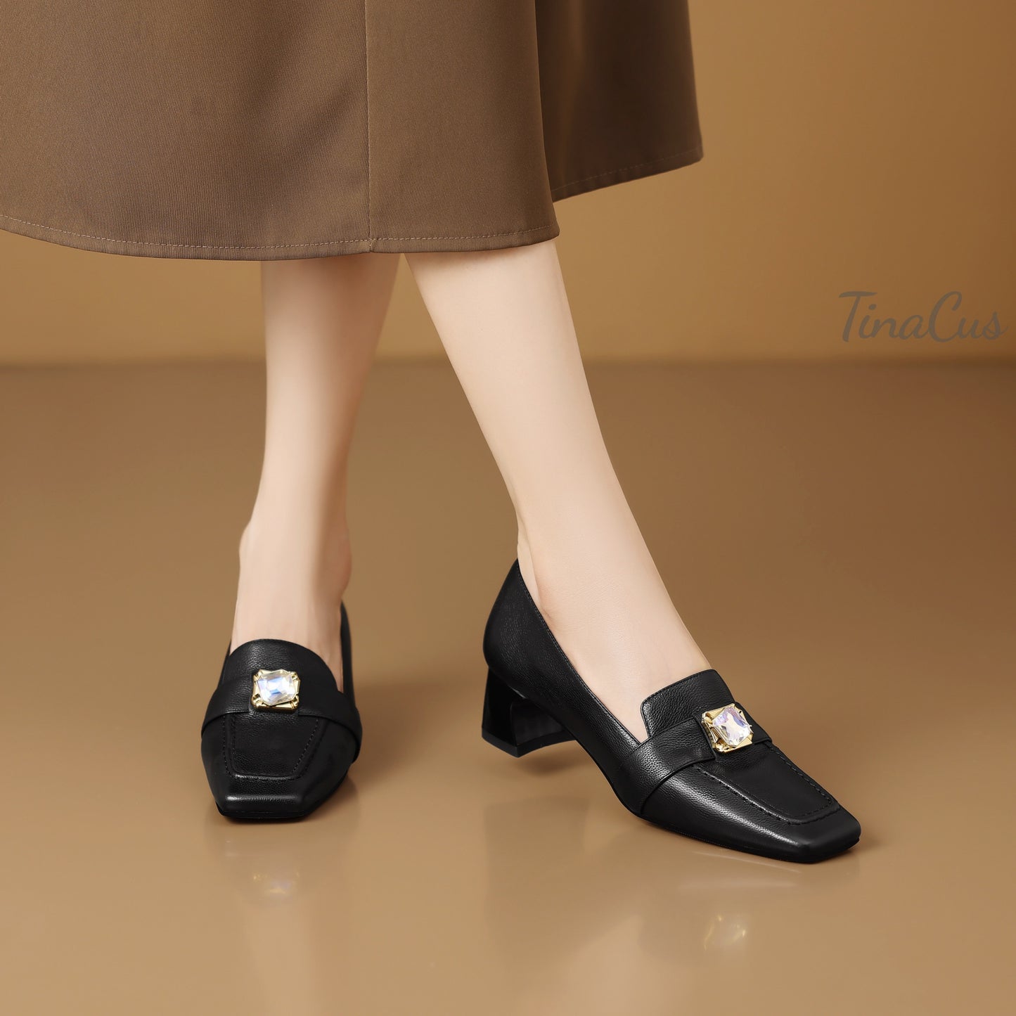 TinaCus Genuine Leather Women's Square Toe Handmade Low Chunky Heels Slip On Retro Loafers Shoes