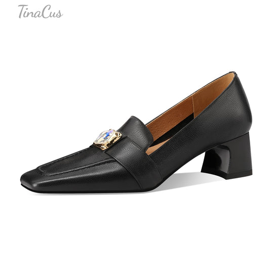 TinaCus Genuine Leather Women's Square Toe Handmade Low Chunky Heels Slip On Retro Loafers Shoes