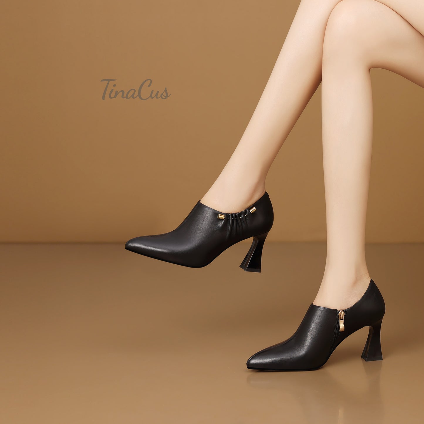 TinaCus Women's Pointed Toe Handmade Side Zipper Mid Heels Genuine Leather Elegant Pumps Shoes