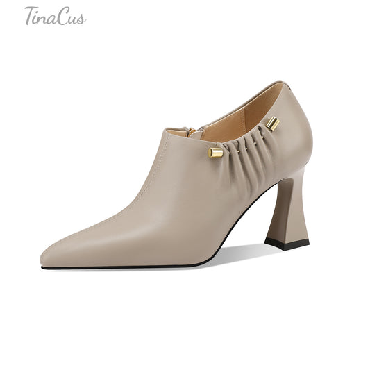 TinaCus Women's Pointed Toe Handmade Side Zipper Mid Heels Genuine Leather Elegant Pumps Shoes