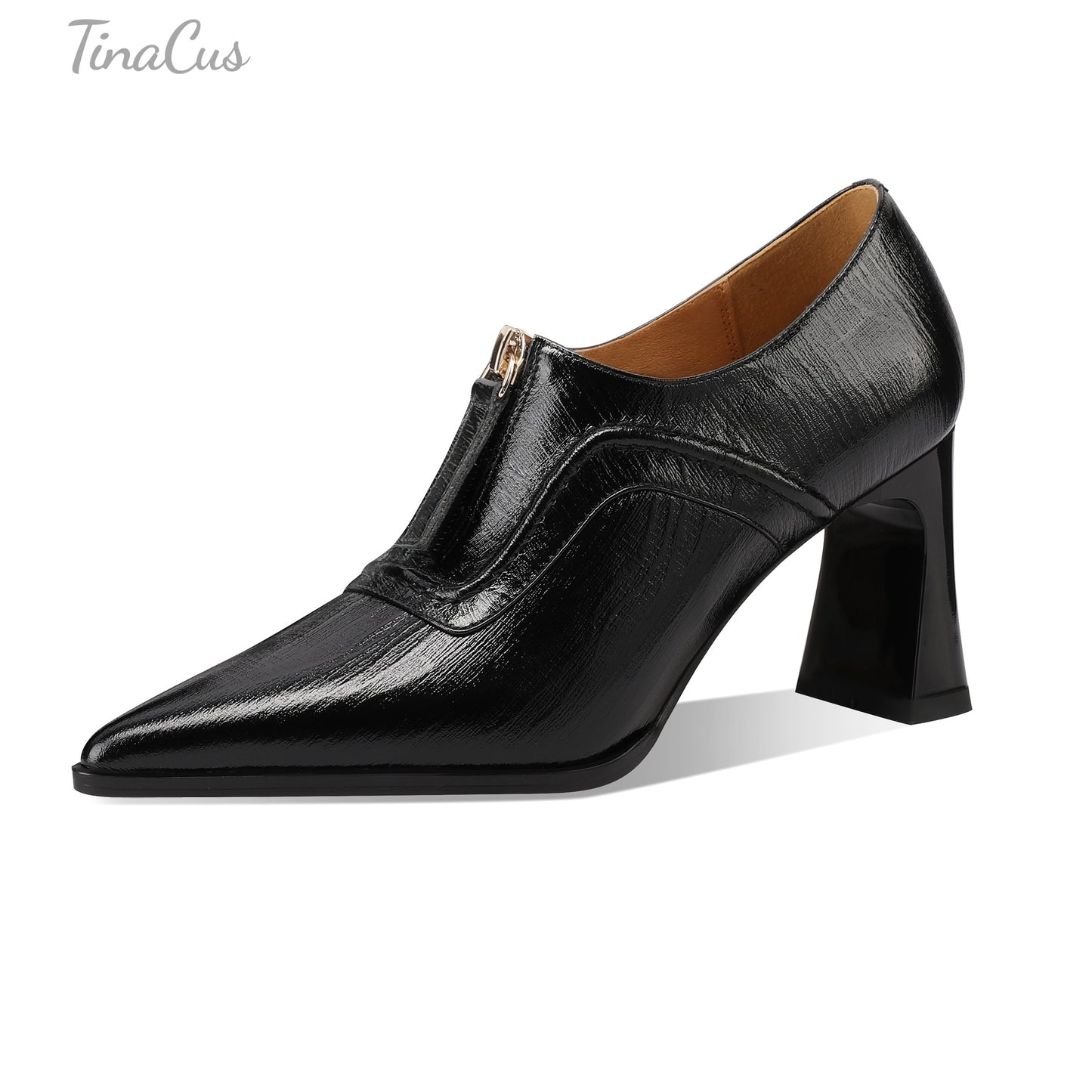 TinaCus Women's Pointed Toe Handmade Front Zipper Mid Block Heels Genuine Leather Elegant Pumps Shoes