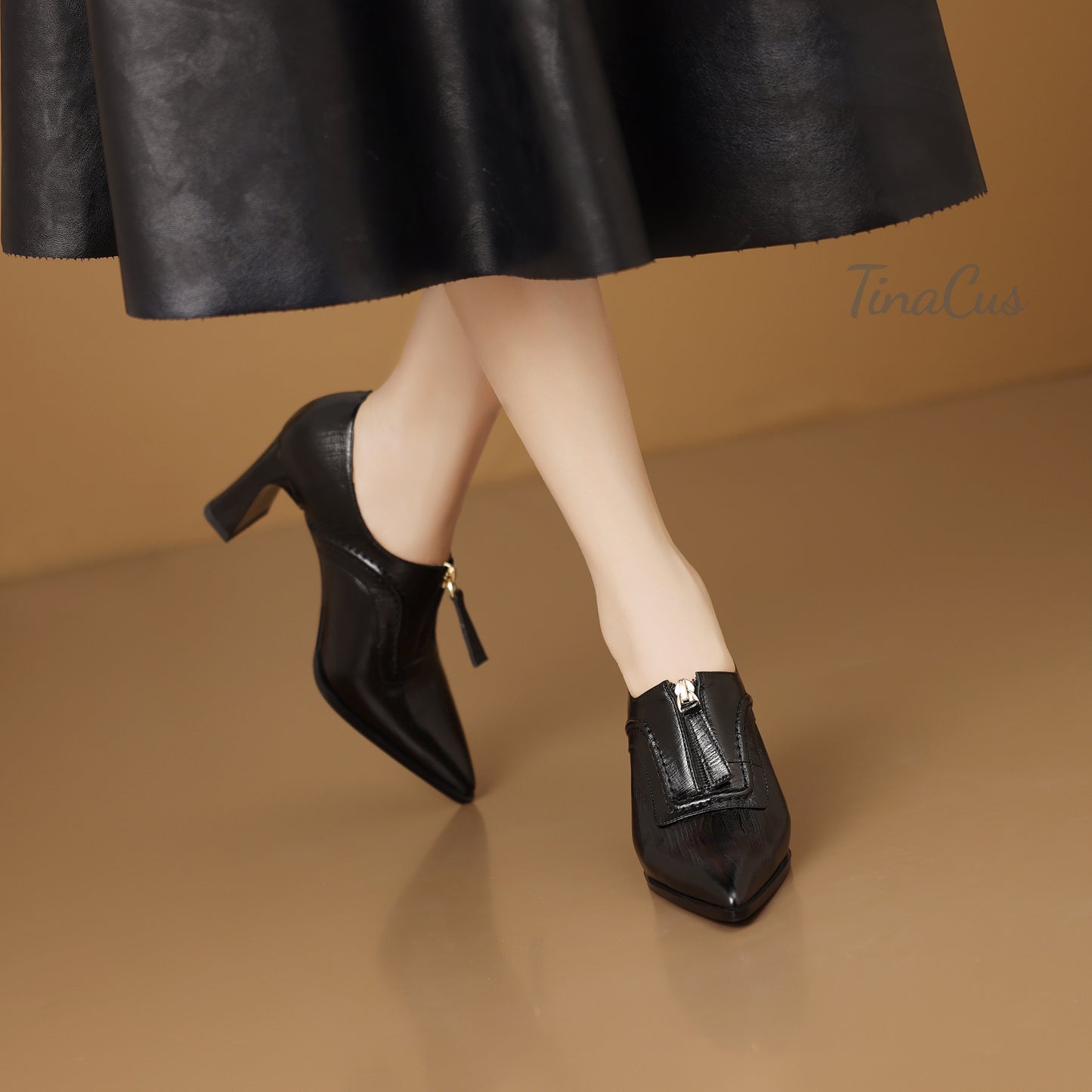 TinaCus Women's Pointed Toe Handmade Front Zipper Mid Block Heels Genuine Leather Elegant Pumps Shoes