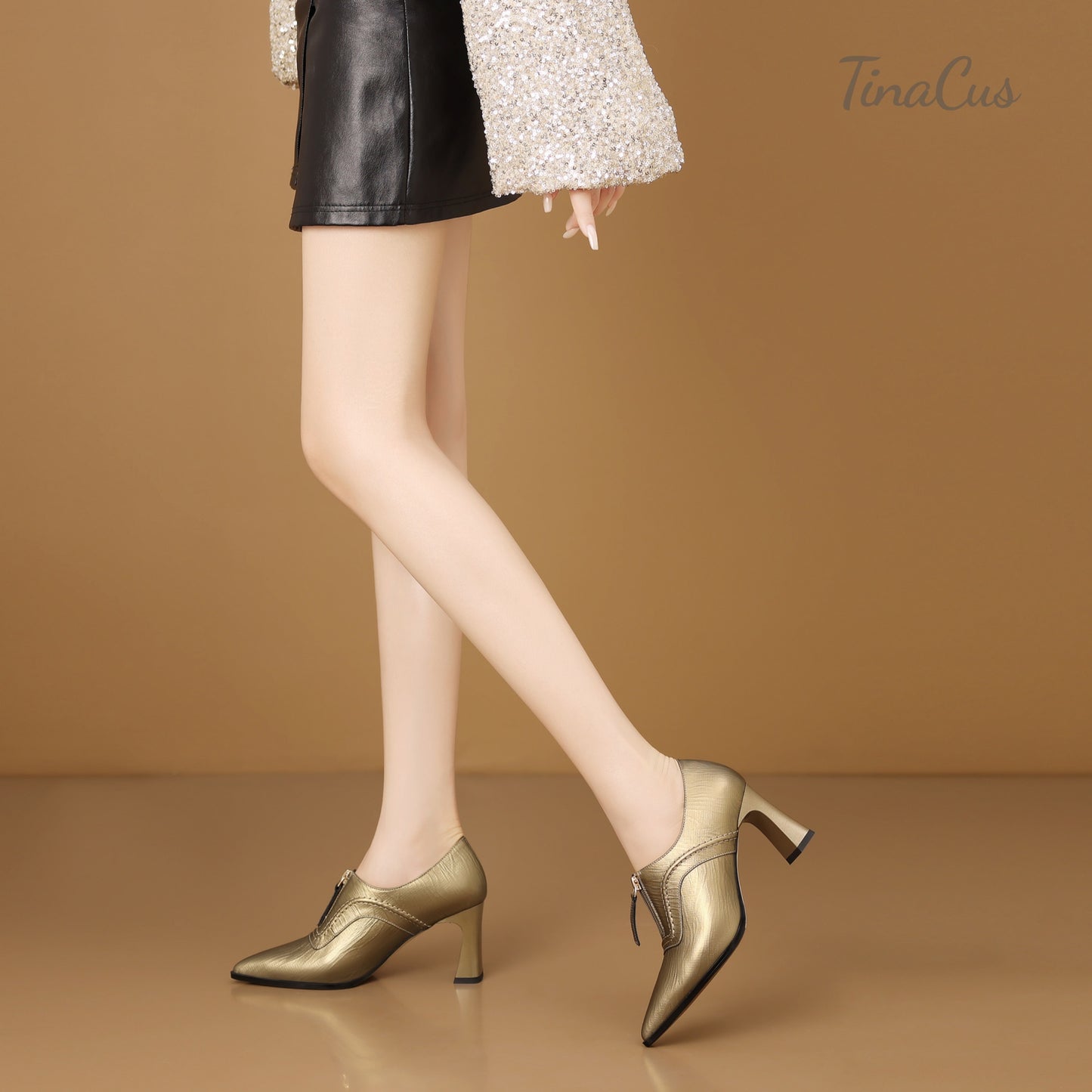 TinaCus Women's Pointed Toe Handmade Front Zipper Mid Block Heels Genuine Leather Elegant Pumps Shoes